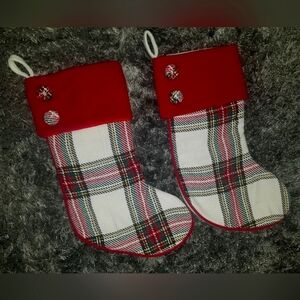 Pair Christmas Stockings Plaid, Red, White